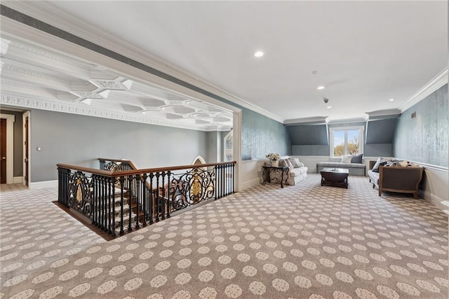 carpeted cinema featuring crown molding, baseboards, and recessed lighting