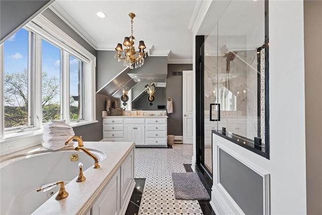bathroom featuring crown molding, a stall shower, vanity, a bath, and a chandelier