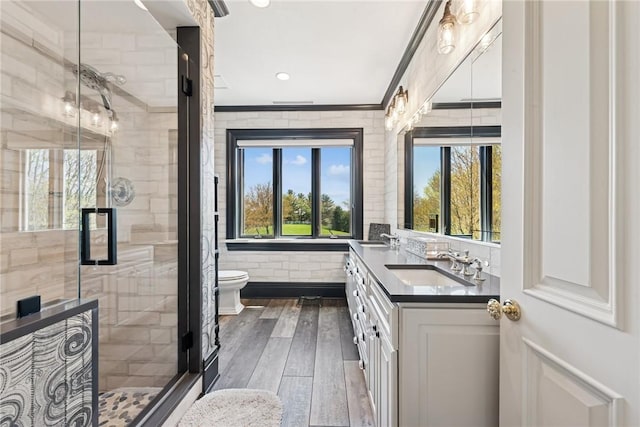 bathroom with a stall shower, hardwood / wood-style flooring, toilet, double vanity, and crown molding