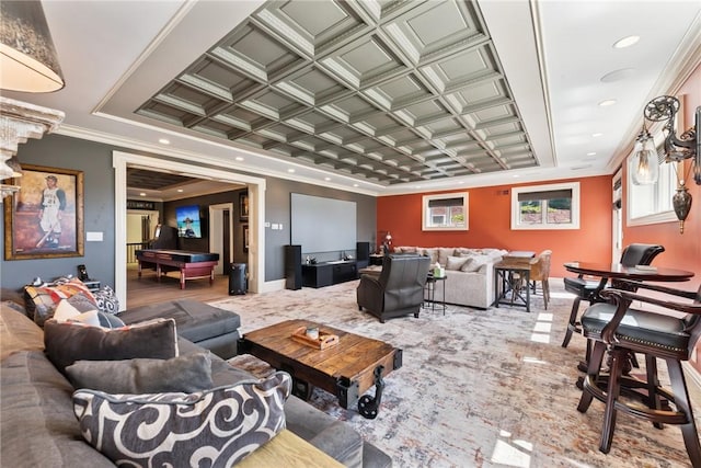 lobby featuring ornamental molding and recessed lighting