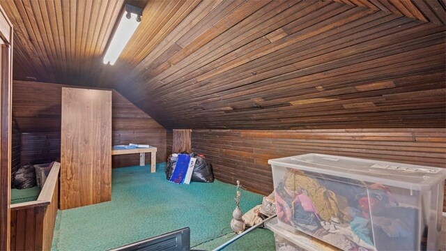 554 Forest Ave, Bellevue, PA 15202 - additional living space featuring wooden walls, carpet, vaulted ceiling, and wood ceiling
