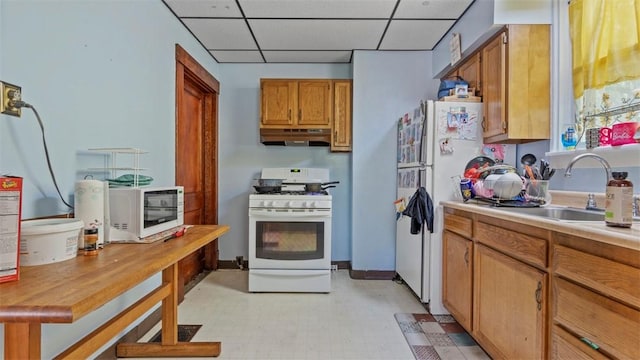 554 Forest Ave, Bellevue, PA 15202 - kitchen with under cabinet range hood, white appliances, a paneled ceiling, a sink, and light countertops