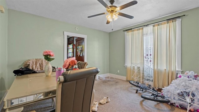 554 Forest Ave, Bellevue, PA 15202 - carpeted home office featuring a ceiling fan, a textured ceiling, and baseboards