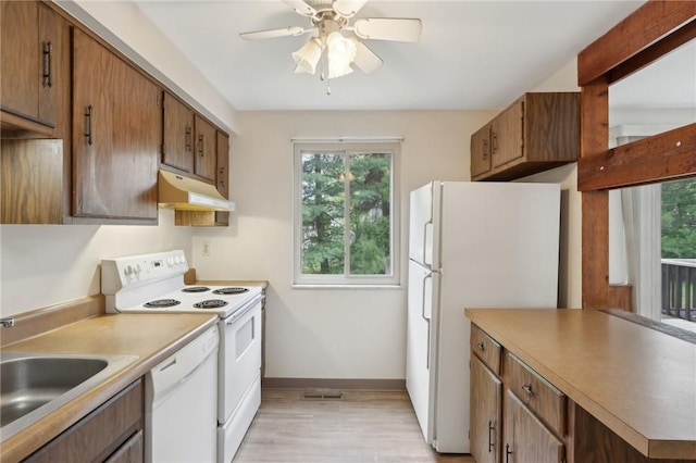 207 Parkwood Dr, Cranberry Twp, PA 16066 - kitchen with white appliances, under cabinet range hood, light wood finished floors, ceiling fan, and baseboards