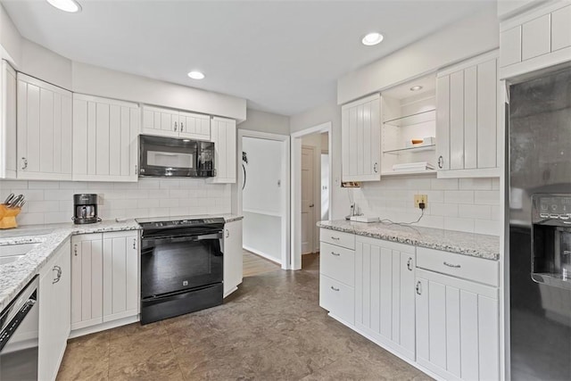 kitchen with black appliances, tasteful backsplash, open shelves, white cabinetry, and recessed lighting