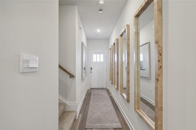 122 River Ridge Drive, Moon/Crescent Twp, PA 15108 - doorway to outside featuring baseboards, recessed lighting, and stairway