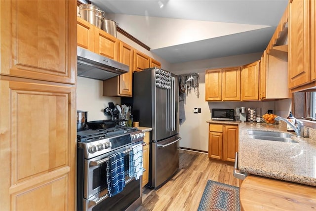 kitchen with appliances with stainless steel finishes, under cabinet range hood, a sink, light wood-style flooring, and light stone counters