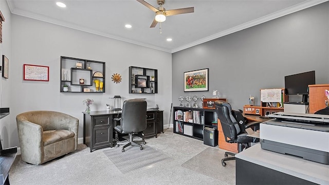 carpeted home office featuring a ceiling fan, crown molding, baseboards, and recessed lighting