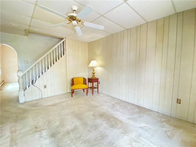 811 Farragut St, Highland Park, PA 15206 - sitting room with carpet flooring, stairway, arched walkways, and a ceiling fan
