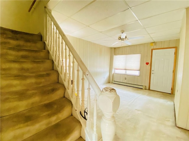 811 Farragut St, Highland Park, PA 15206 - stairway featuring a baseboard heating unit, a drop ceiling, carpet flooring, and ceiling fan
