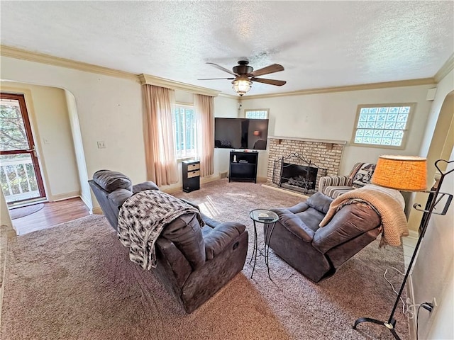 5422 Library Rd, Bethel Park, PA 15102 - carpeted living area with a textured ceiling, healthy amount of natural light, ceiling fan, ornamental molding, and a fireplace