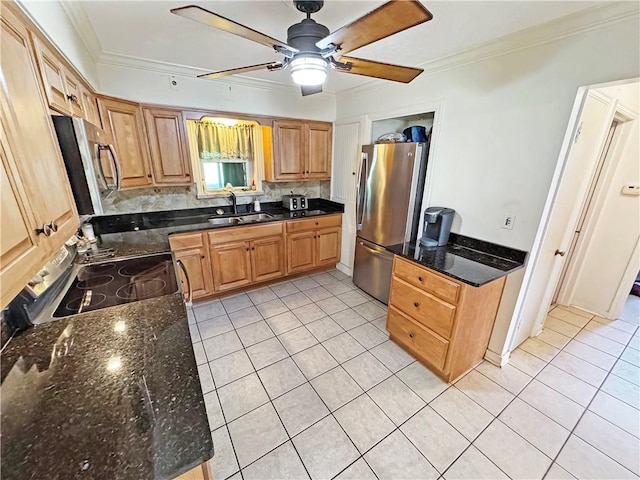 5422 Library Rd, Bethel Park, PA 15102 - kitchen with stainless steel appliances, a sink, light tile patterned floors, ceiling fan, and crown molding