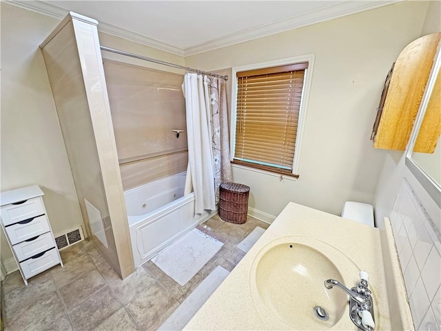 5422 Library Rd, Bethel Park, PA 15102 - bathroom with shower / bath combination with curtain, baseboards, ornamental molding, and vanity