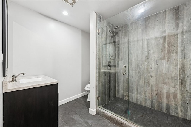 28 Main St, Clarksville, PA 15322 - bathroom with toilet, a stall shower, vanity, baseboards, and recessed lighting