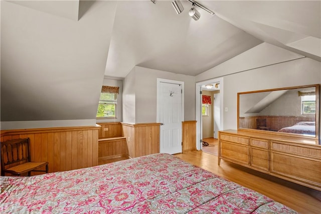 230 Brookwood Rd, Peters Twp, PA 15367 - bedroom featuring lofted ceiling, a wainscoted wall, wood finished floors, track lighting, and wooden walls