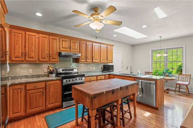 kitchen with stainless steel appliances, under cabinet range hood, a sink, a skylight, and a peninsula
