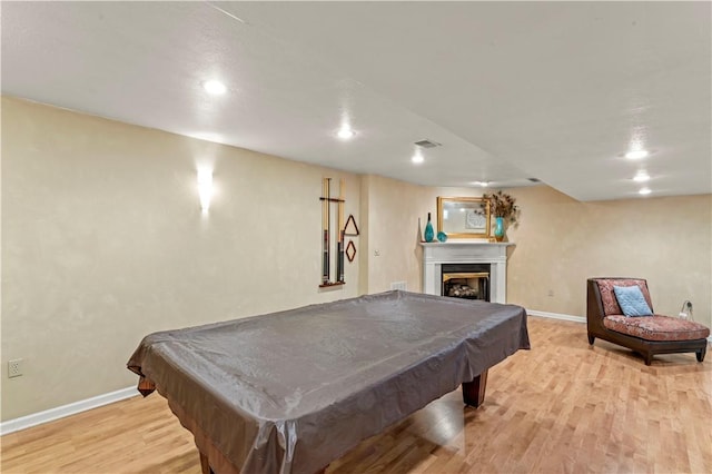 rec room with baseboards, wood finished floors, billiards, and recessed lighting