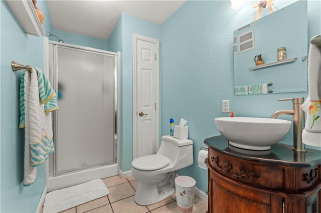 full bathroom featuring tile patterned flooring, a shower stall, vanity, toilet, and baseboards
