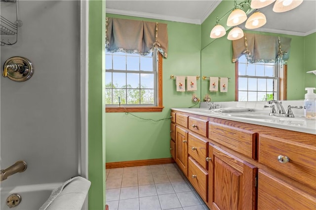 bathroom with ornamental molding, tile patterned floors, double vanity, a shower, and baseboards