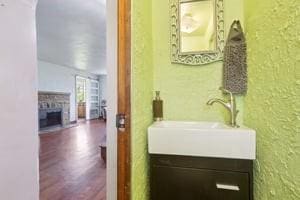 bathroom featuring a fireplace, vanity, and wood finished floors