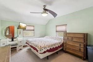 bedroom with vaulted ceiling and ceiling fan
