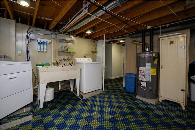 115 River Ave, Glenfield, PA 15143 - unfinished basement with water heater, washer and clothes dryer, carpet flooring, and a sink