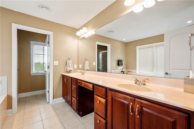 full bath featuring tile patterned floors, double vanity, a garden tub, baseboards, and an enclosed shower