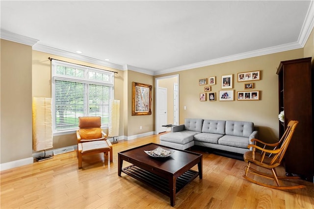 living room with ornamental molding, light wood-type flooring, and baseboards