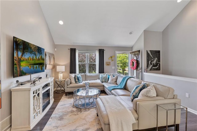 113 Seavey Highlands, Shaler, PA 15223 - living room with vaulted ceiling, dark wood-type flooring, baseboards, and recessed lighting