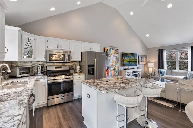 113 Seavey Highlands, Shaler, PA 15223 - kitchen with appliances with stainless steel finishes, a sink, high vaulted ceiling, open floor plan, and light stone countertops