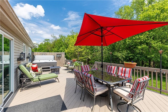 113 Seavey Highlands, Shaler, PA 15223 - wooden terrace with outdoor dining area, view of wooded area, and a hot tub