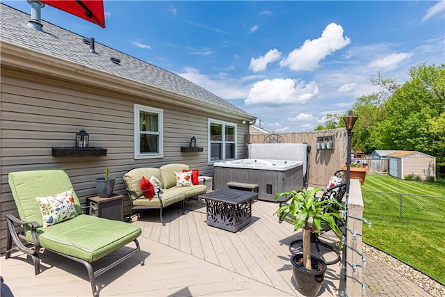113 Seavey Highlands, Shaler, PA 15223 - deck featuring a hot tub, an outdoor hangout area, and a storage shed