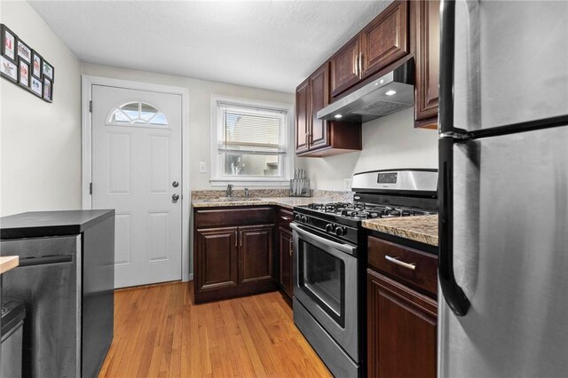 kitchen featuring stainless steel appliances, under cabinet range hood, light wood finished floors, a sink, and dark brown cabinetry