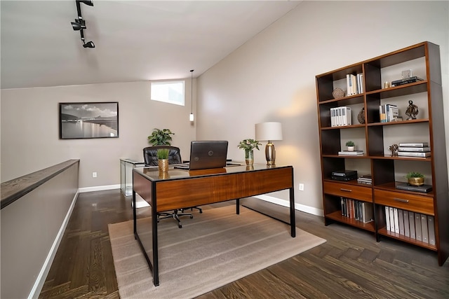 1611 Kenzie Dr, Robinson Twp Nwa, PA 15205 - office area featuring baseboards, dark wood finished floors, and track lighting