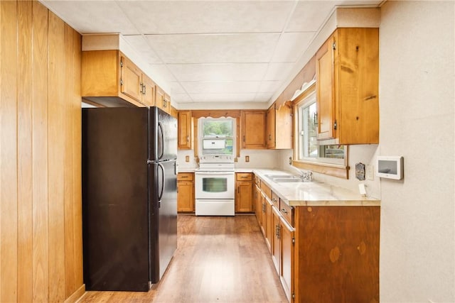 108 Gay St, Salisbury, PA 15558 - kitchen with freestanding refrigerator, white electric stove, light wood-style floors, a sink, and light countertops