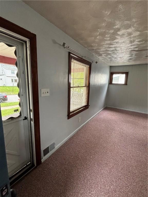 entrance foyer with carpet, baseboards, and a textured ceiling