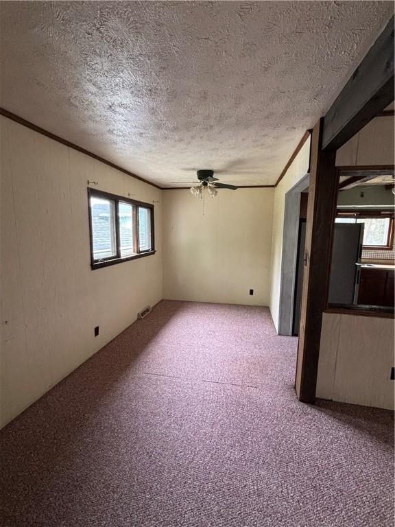 empty room featuring a textured ceiling, a ceiling fan, carpet flooring, plenty of natural light, and crown molding