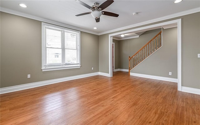 608 Broad St, Sewickley, PA 15143 - empty room featuring ceiling fan, stairway, wood finished floors, baseboards, and recessed lighting