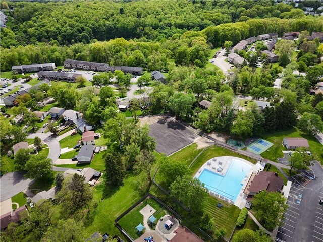 bird's eye view of a pool area and a forest