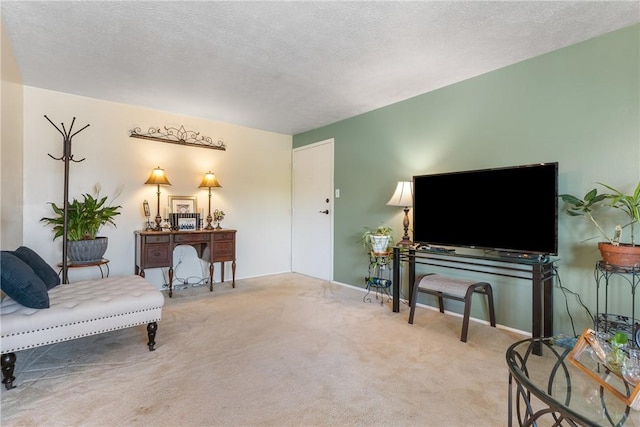carpeted living area with baseboards and a textured ceiling