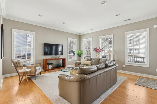 1241 Newbury Highland, South Fayette, PA 15017 - living area with healthy amount of natural light, light wood-style flooring, baseboards, ornamental molding, and recessed lighting