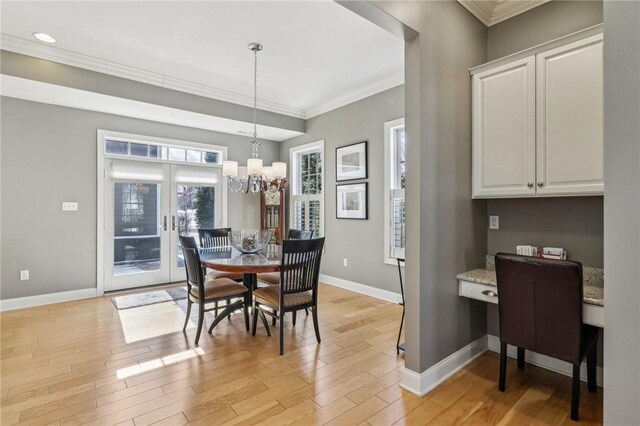 1241 Newbury Highland, South Fayette, PA 15017 - dining space with crown molding, baseboards, light wood finished floors, a chandelier, and recessed lighting