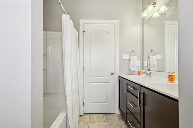 1241 Newbury Highland, South Fayette, PA 15017 - bathroom featuring double vanity, shower / bathtub combination with curtain, and tile patterned flooring