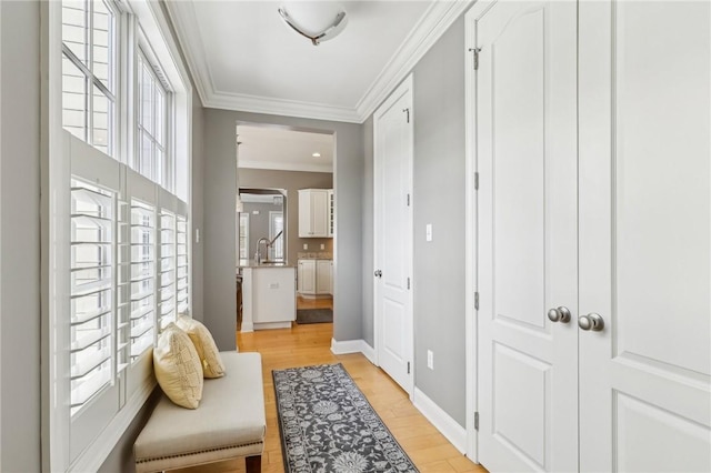 1241 Newbury Highland, South Fayette, PA 15017 - hallway featuring ornamental molding, light wood-style flooring, and baseboards