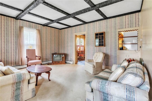 carpeted living area with coffered ceiling, baseboard heating, wallpapered walls, and beam ceiling