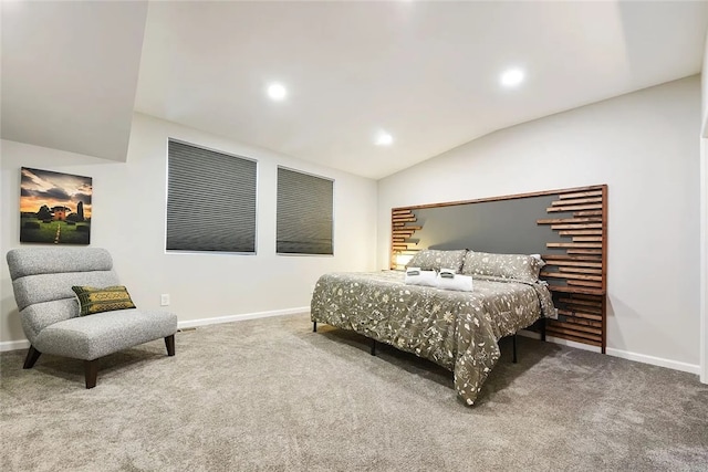 bedroom featuring carpet floors, lofted ceiling, baseboards, and recessed lighting