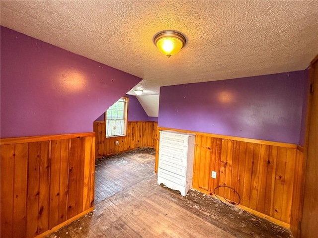 155 Elm St, Saint Clair Twp, PA 15954 - bonus room featuring wood walls, wainscoting, a textured ceiling, hardwood / wood-style floors, and vaulted ceiling
