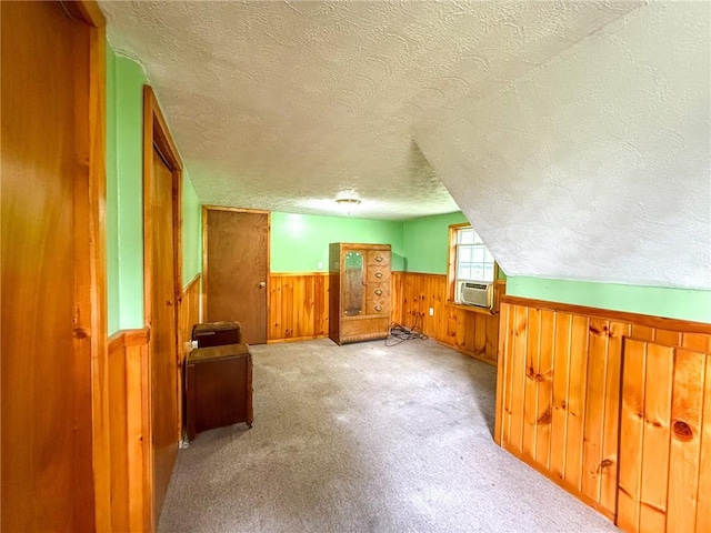 155 Elm St, Saint Clair Twp, PA 15954 - bonus room featuring a textured ceiling, a wainscoted wall, wood walls, cooling unit, and carpet