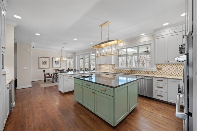 904 Champlain Pl, Adams Twp, PA 15044 - kitchen featuring green cabinets, stainless steel dishwasher, a sink, ornamental molding, and tasteful backsplash