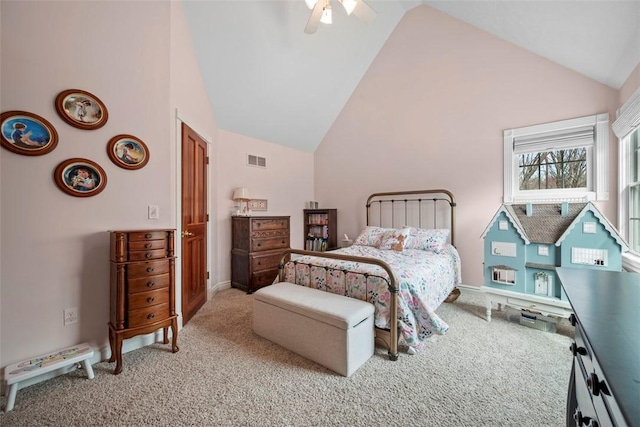 904 Champlain Pl, Adams Twp, PA 15044 - carpeted bedroom featuring high vaulted ceiling, a ceiling fan, and baseboards